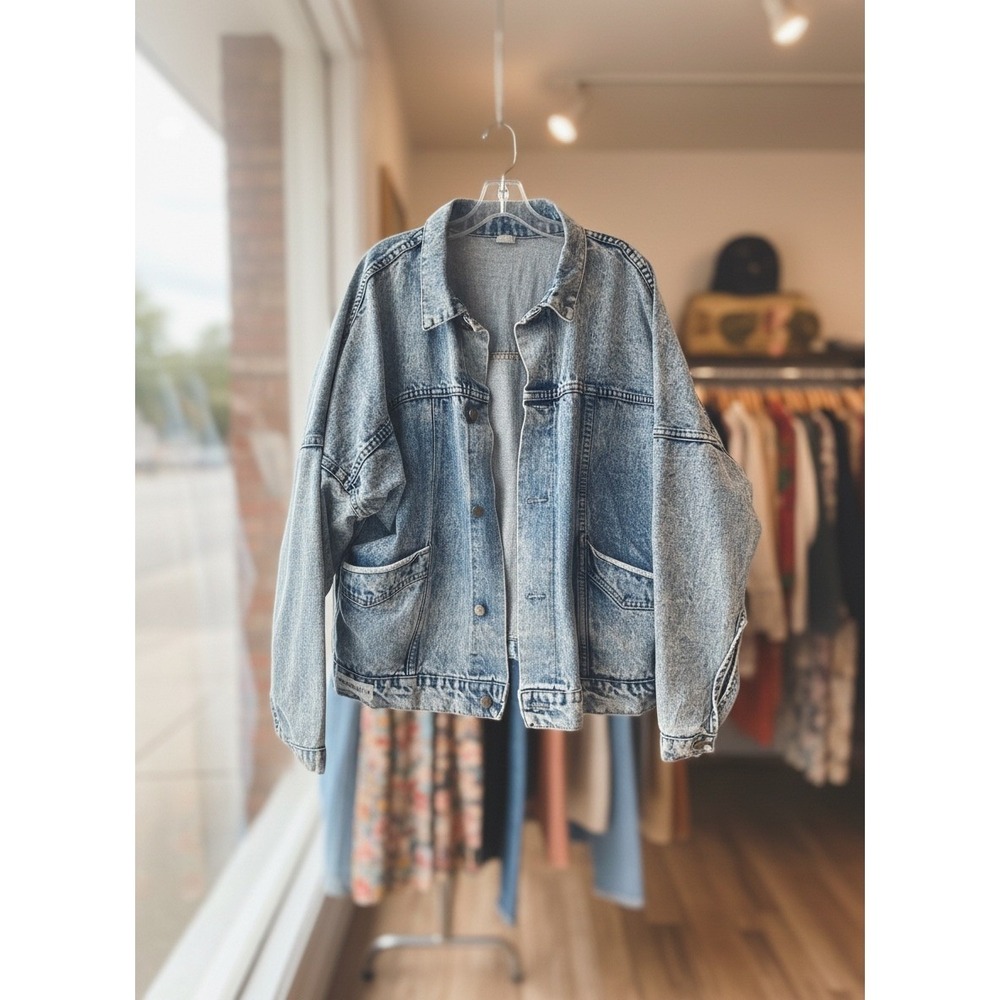 Vtg Gravity Acid Wash Denim Jacket Oversized Blue Trucker Jean Coat‎ L